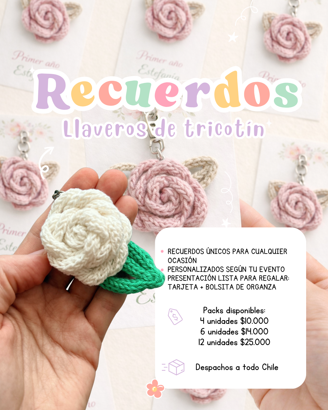 Pack Llaveros Flor con Hojas en Tricotin | Hecho a Mano | Regalo Baby Shower y Cumpleaños