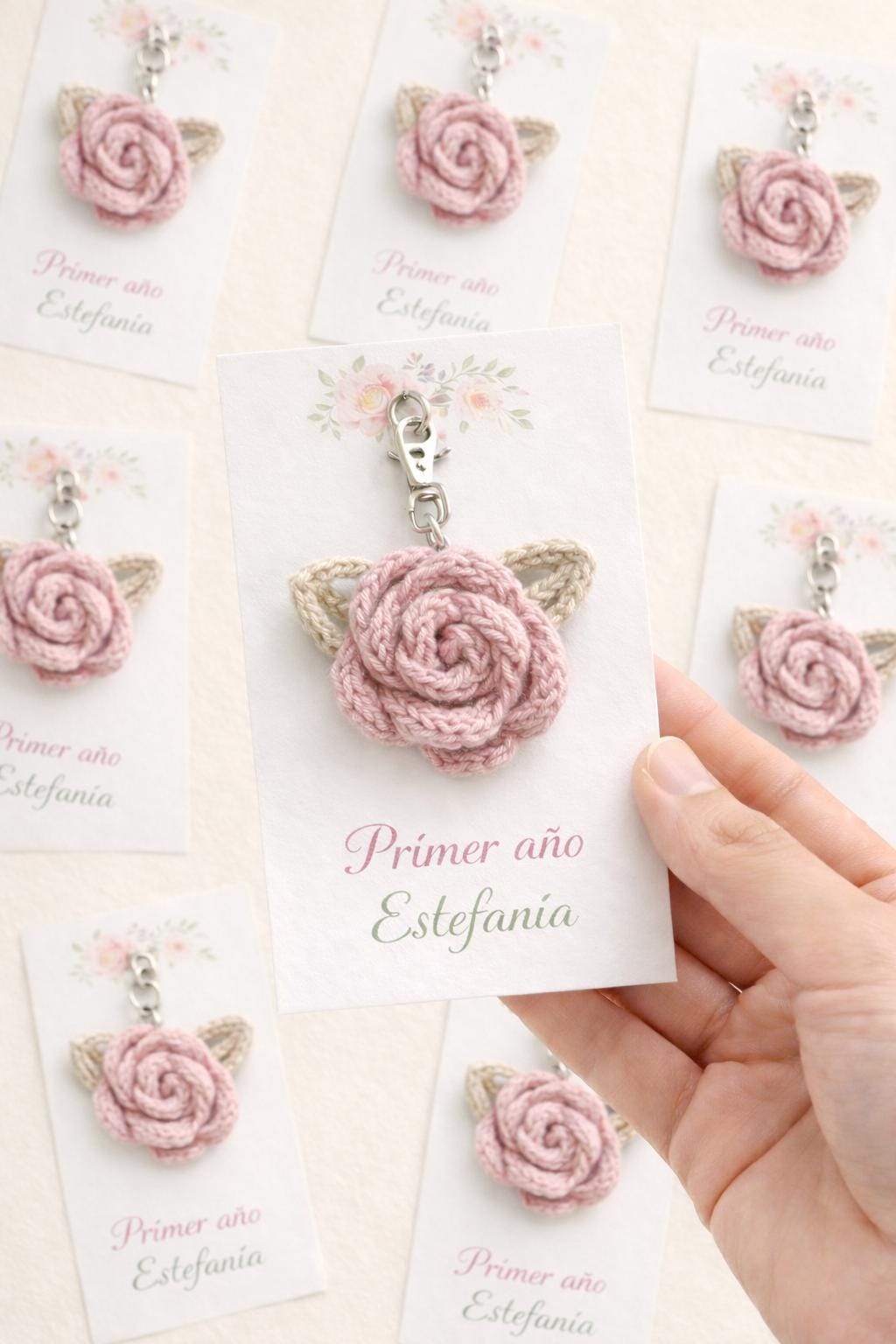 Pack Llaveros Flor con Hojas en Tricotin | Hecho a Mano | Regalo Baby Shower y Cumpleaño