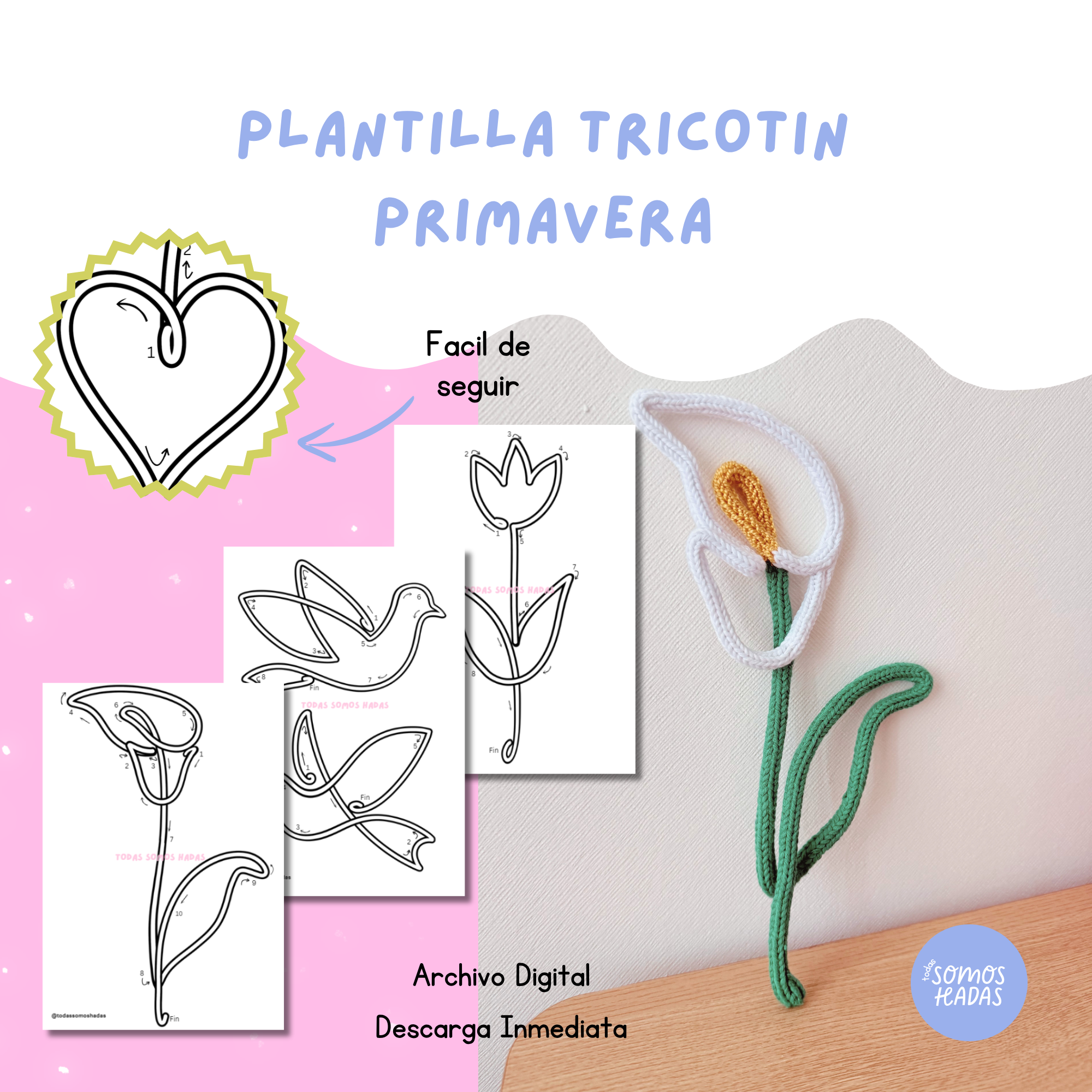 Plantilla Tricotín Primavera PDF | 14 Figuras | Flores Mariposas Pájaros | Wire Art Knitted I-Cord | DIY Decoración | Descarga Digi